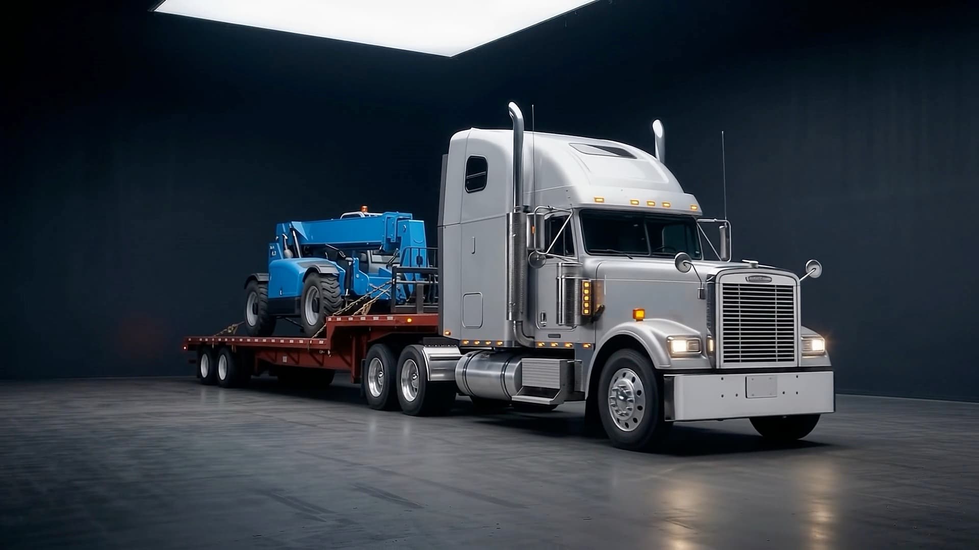Cabezal Freightliner Classic XL plateado con un telehandler Genie azul amarrado en la cama baja, estacionado en un estudio oscuro