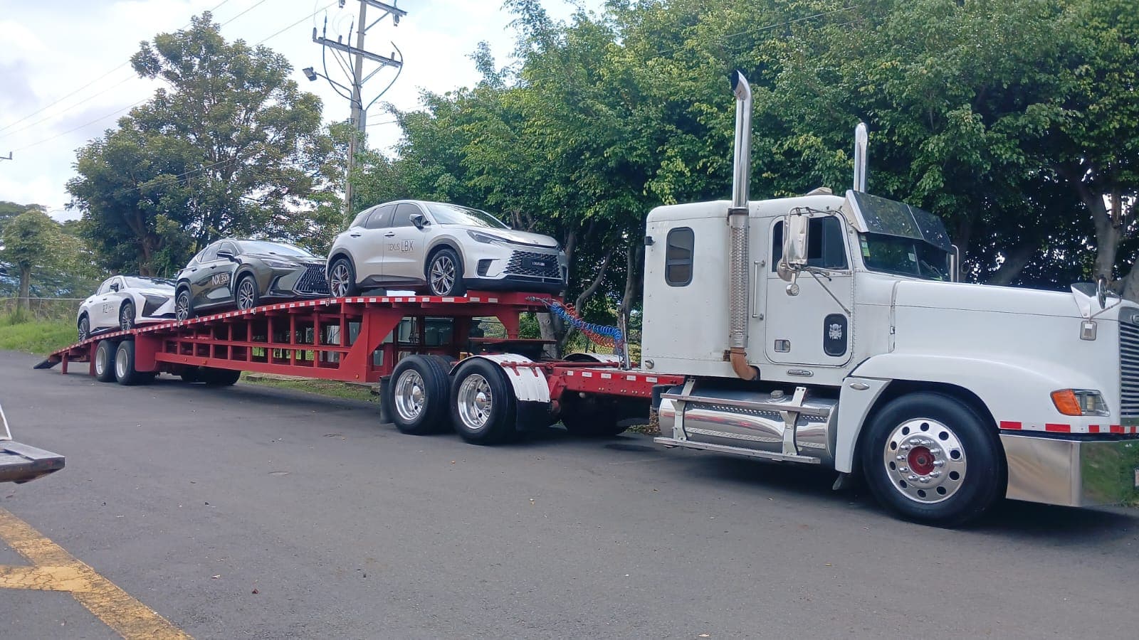 Cabezal Freightliner blanco con una plataforma porta vehículos cargada