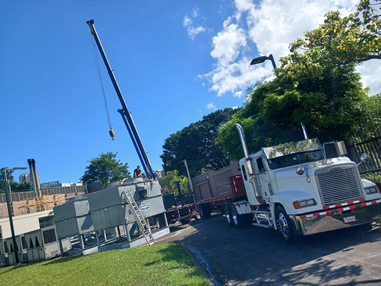 Cabezal Freightliner blanco con plataforma mientras una grúa descarga en un edificio